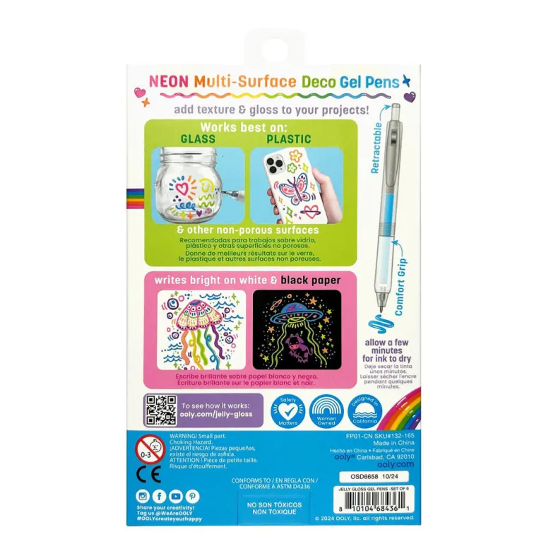 Ooly Gel Pen Set of 6, Multi-Surface Deco - Jelly Gloss Neon
