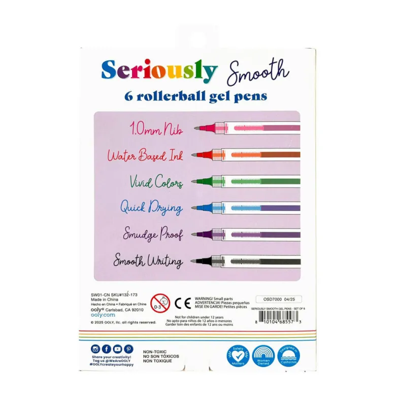 Ooly Rollerball Gel Pen Set of 6, Seriously Smooth Colors