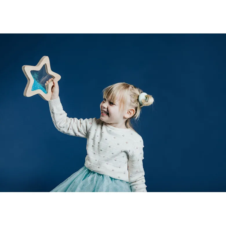 Petit Boum sensory toy, wooden star with liquid and glitter – Blue Orionis