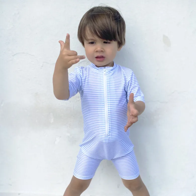Petit Crabe UV Suit with Zipper, Natsu, Baby Blue/White – For ages 0 to 8 years