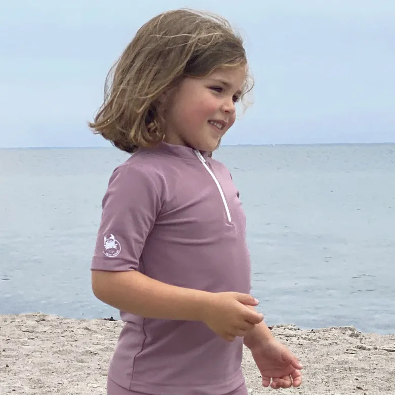 Petit Crabe UV Swim Shirt with Zipper and Short Sleeves, Max, Heather - Ages 1-10