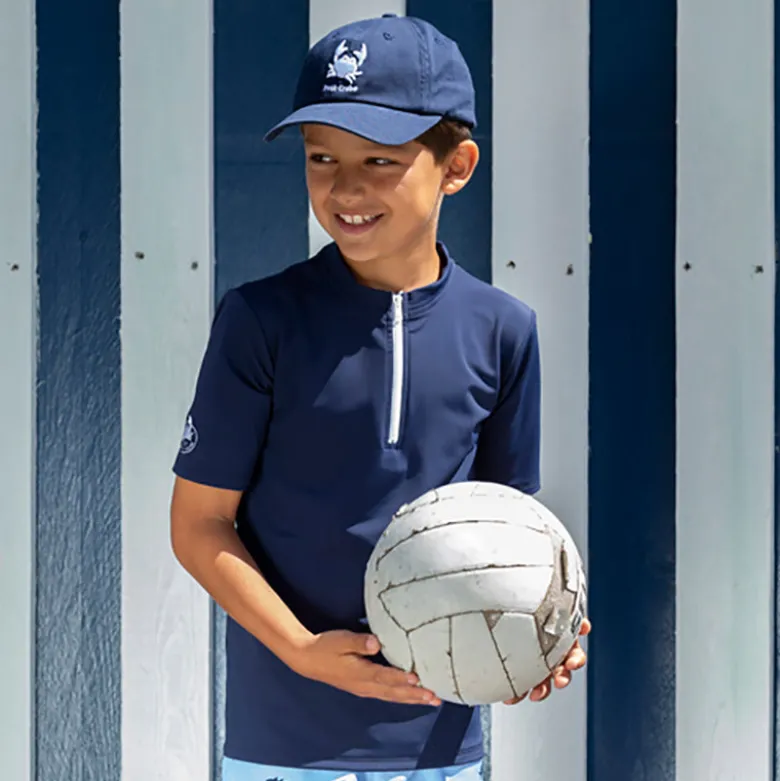 Petit Crabe UV Swim Top with Zipper and Short Sleeves, Max, Blue – For Ages 1-10