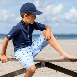 Petit Crabe UV Swim Top with Zipper and Short Sleeves, Max, Blue – For Ages 1-10