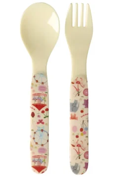 Rice Baby Spoon and Fork Set in Melamine, Pink - Fun Fair Print