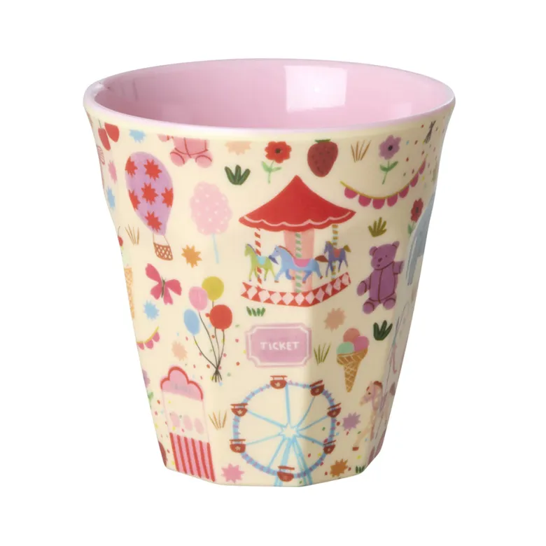 Rice Melamine Children's Cup, Medium, Fun Fair Print - Pink