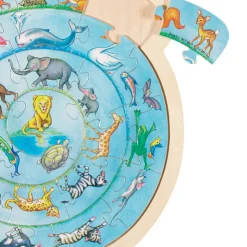 Round Wooden Puzzle with Animal Motifs – 27 Pieces