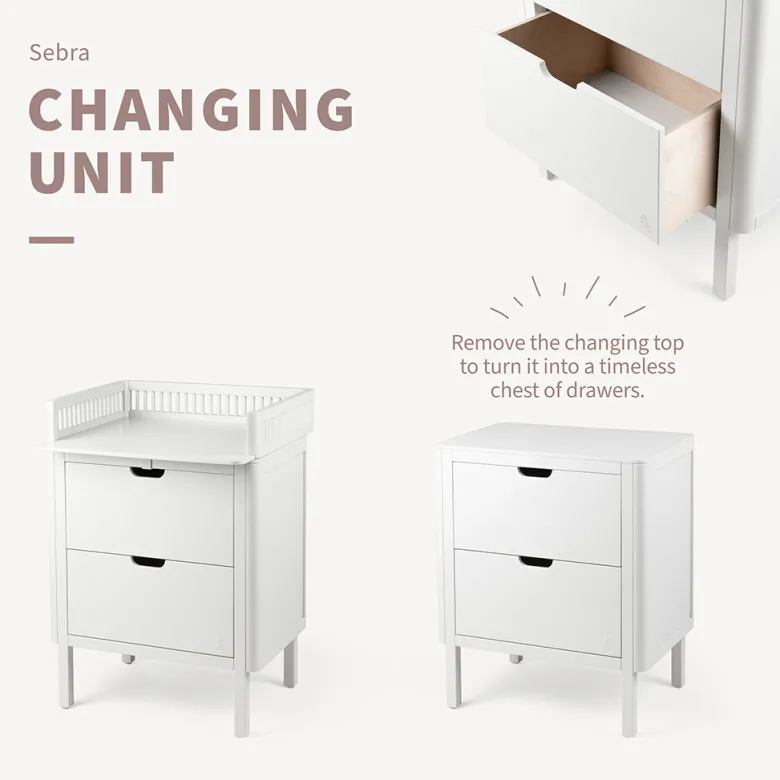 Sebra puslebord i træ, 2-i-1 design m. skuffer - Classic white