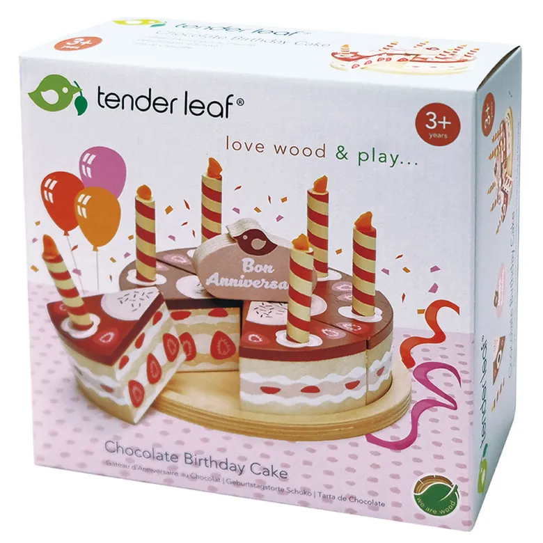 Tender Leaf, Wooden Play Food, Chocolate Celebration Cake with Candles