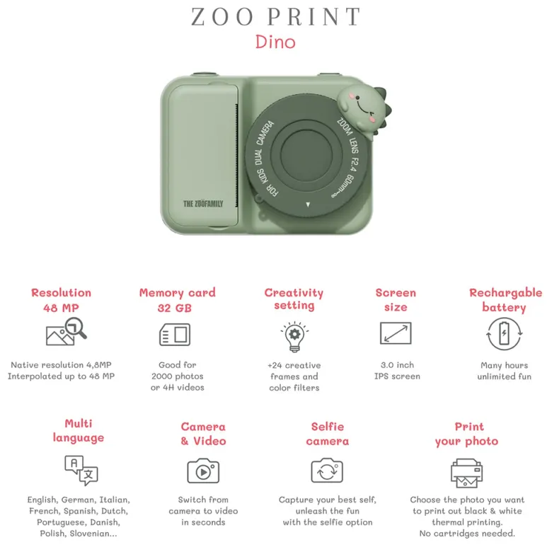 The ZooFamily, Zoo Print, 3-in-1 Camera with Print Function, Ages 5-11 - Dino