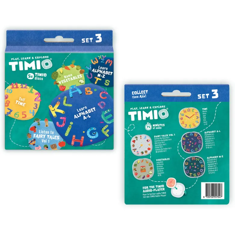 TIMIO Disc Set 3, Fairy Tales, Time, Vegetables, Alphabet A–L, and Alphabet M–Z