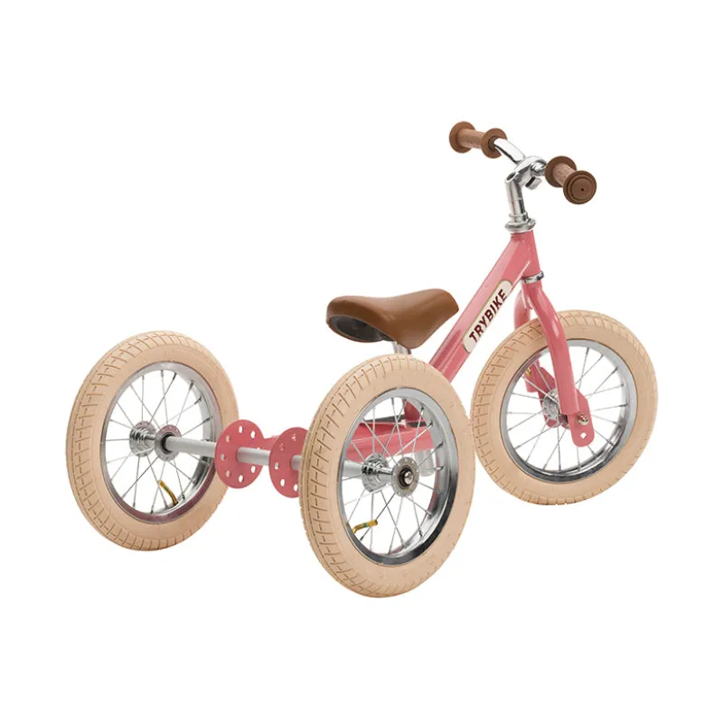 Trybike Three-Wheel Balance Bike, Vintage Pink with Retro Styling
