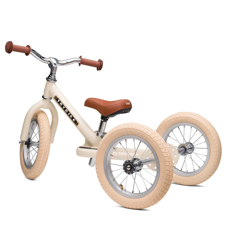 Trybike Three-Wheeled Balance Bike, Vintage Cream with Retro Styling