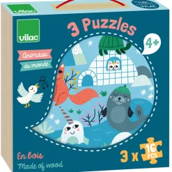 Vilac Wooden Puzzle Set, Animals by Michelle Carlslund – 3 Pieces